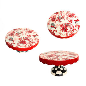 MacKenzie Childs Red Cardinal Toile Pedestal Platter SMALL 8.5 Courtly Check HTF